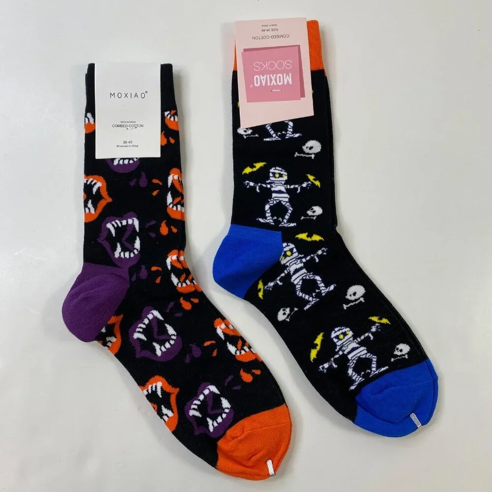 Womens Halloween Crew Socks 2 Pack Vampires Fangs Dancing Mummies Black Blue